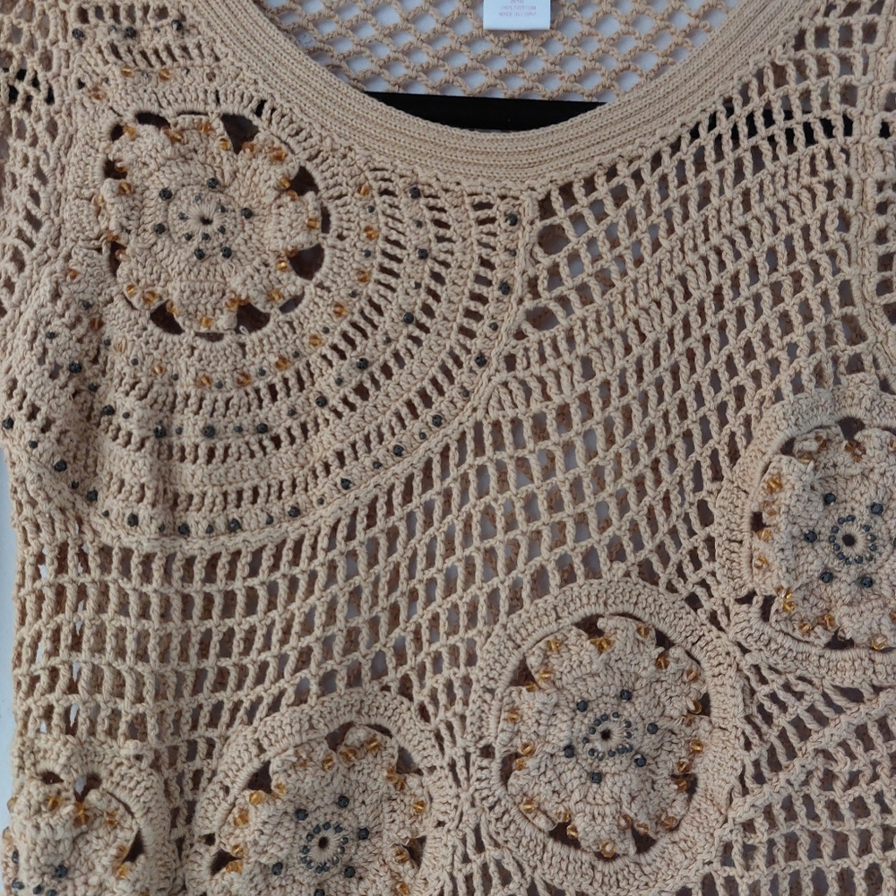 Tommy Bahama Tan Crochet Boho Open Stitch Sweater - image 4
